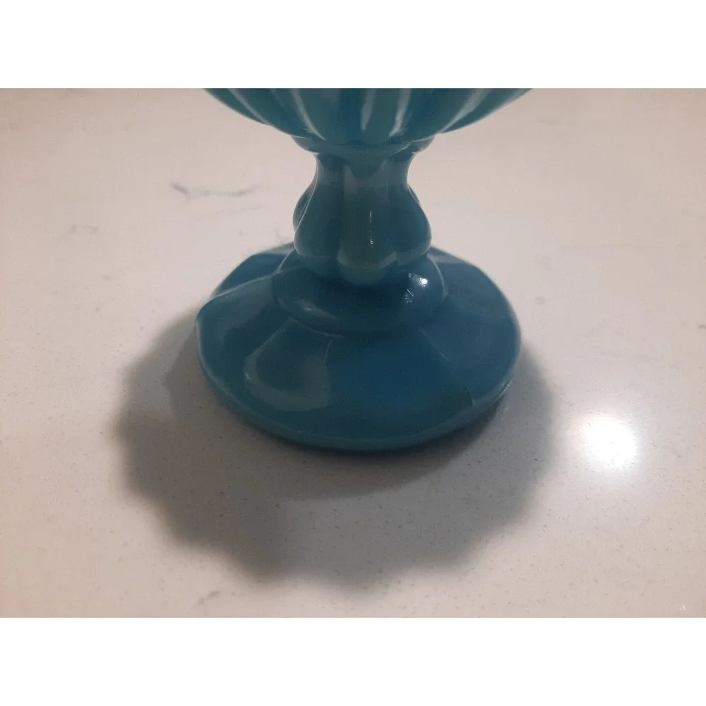 2  1930s PV Portieux Vallerysthal French Blue‎ Opalescent Glass Vase Rib Dot